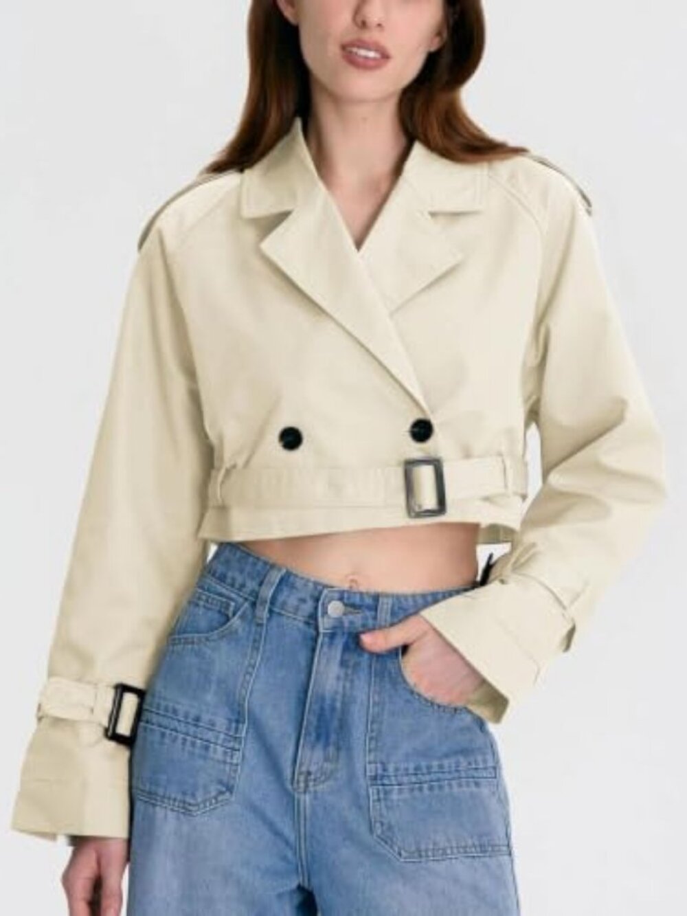 Xiaoxuemeng Women's Cropped Trench Coat Casual Double Breasted Wind coats Lapel